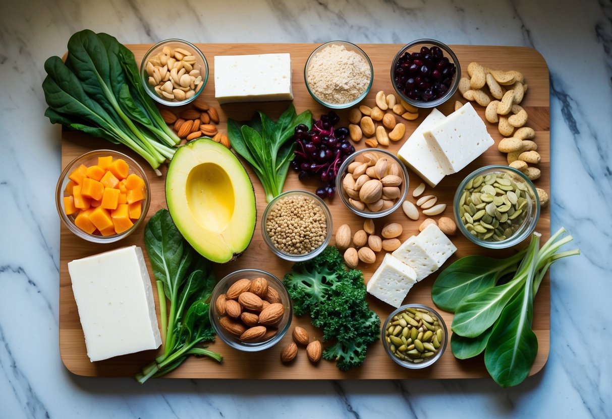 A colorful array of plant-based protein sources, such as tofu, tempeh, nuts, seeds, and leafy greens, arranged on a wooden cutting board