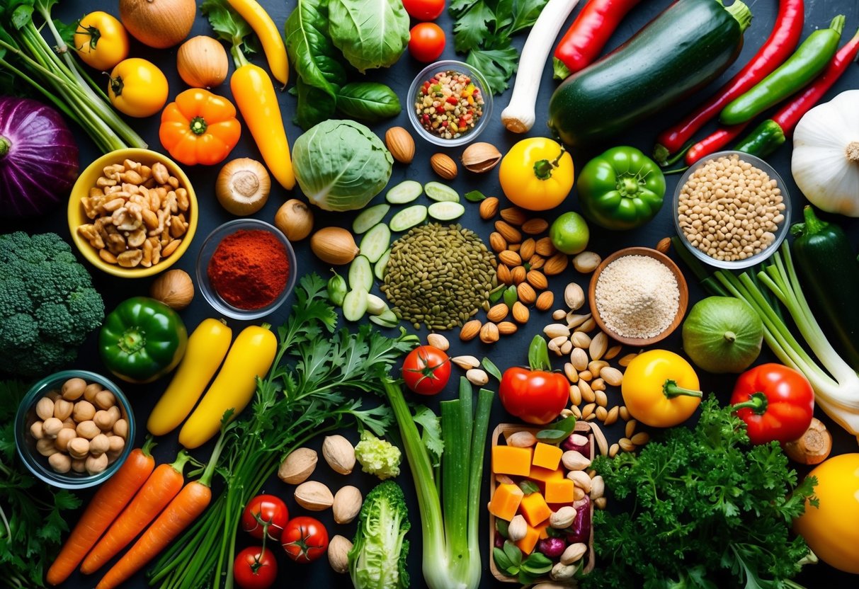 A colorful array of fresh vegetables, nuts, seeds, and plant-based protein sources arranged on a table, with a variety of spices and herbs scattered around