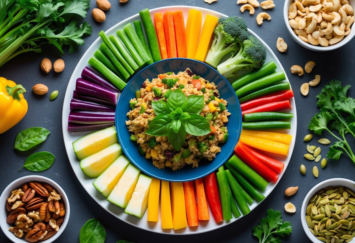A colorful array of fresh vegetables and plant-based proteins arranged on a plate, with a variety of nuts and seeds scattered around