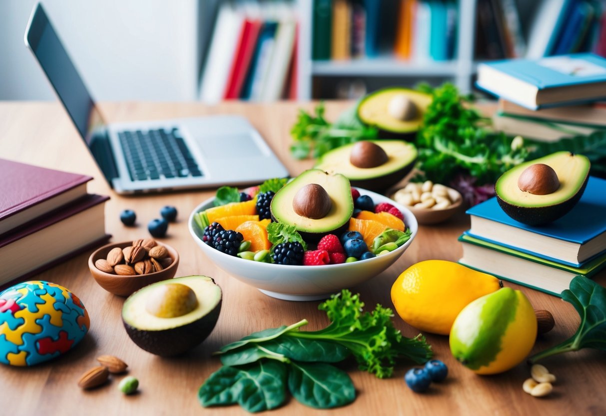 A table filled with colorful, nutrient-dense foods like avocados, nuts, berries, and leafy greens, surrounded by books, a laptop, and a brain puzzle