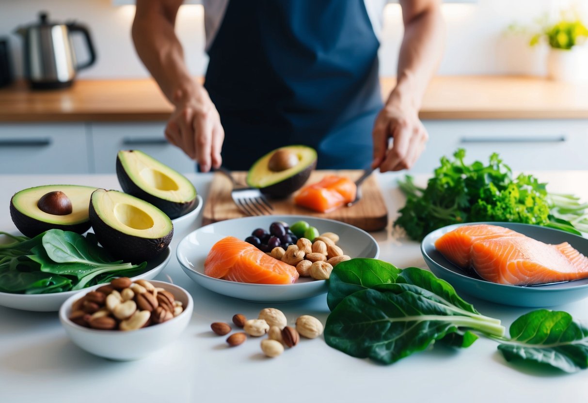A table filled with keto for brain health foods: avocados, nuts, salmon, and leafy greens. A person preparing a ketogenic meal in a bright, modern kitchen