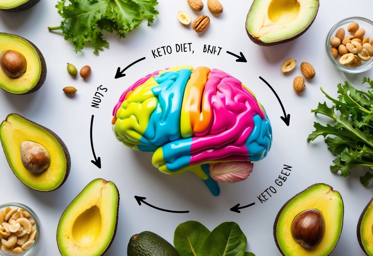 A colorful brain surrounded by various foods associated with the keto diet, such as avocados, nuts, and leafy greens, with arrows pointing towards the brain