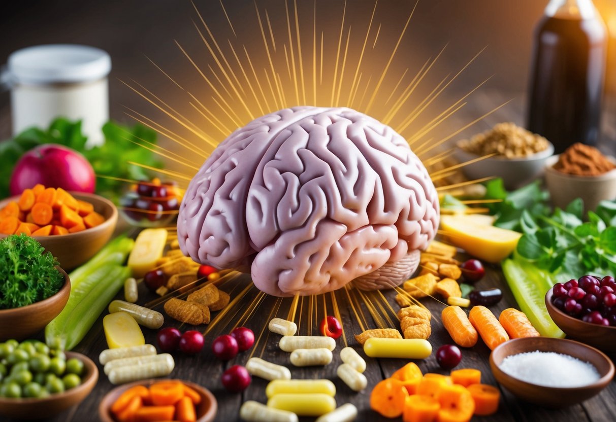A brain surrounded by various foods and supplements, radiating energy and focus