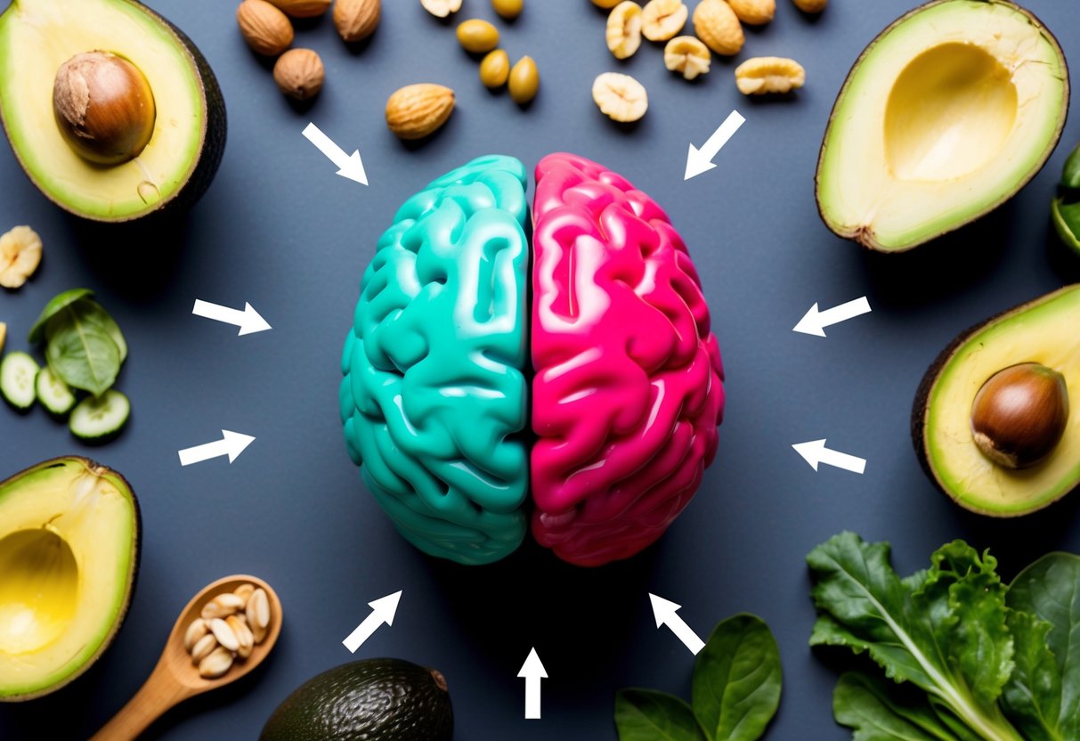 A colorful brain surrounded by various foods associated with the keto diet, such as avocados, nuts, and leafy greens, with arrows pointing to the brain