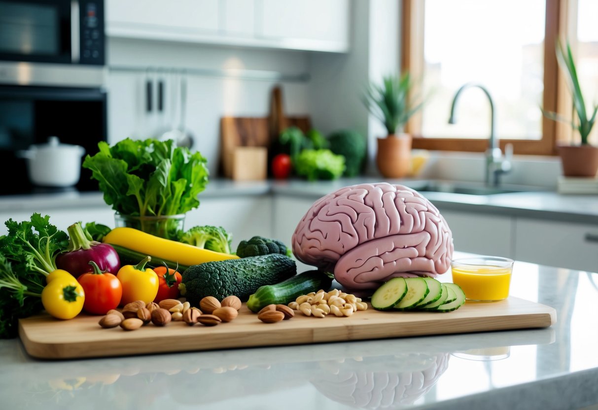 A kitchen counter with a variety of colorful vegetables, nuts, and healthy fats arranged next to a brain-shaped model