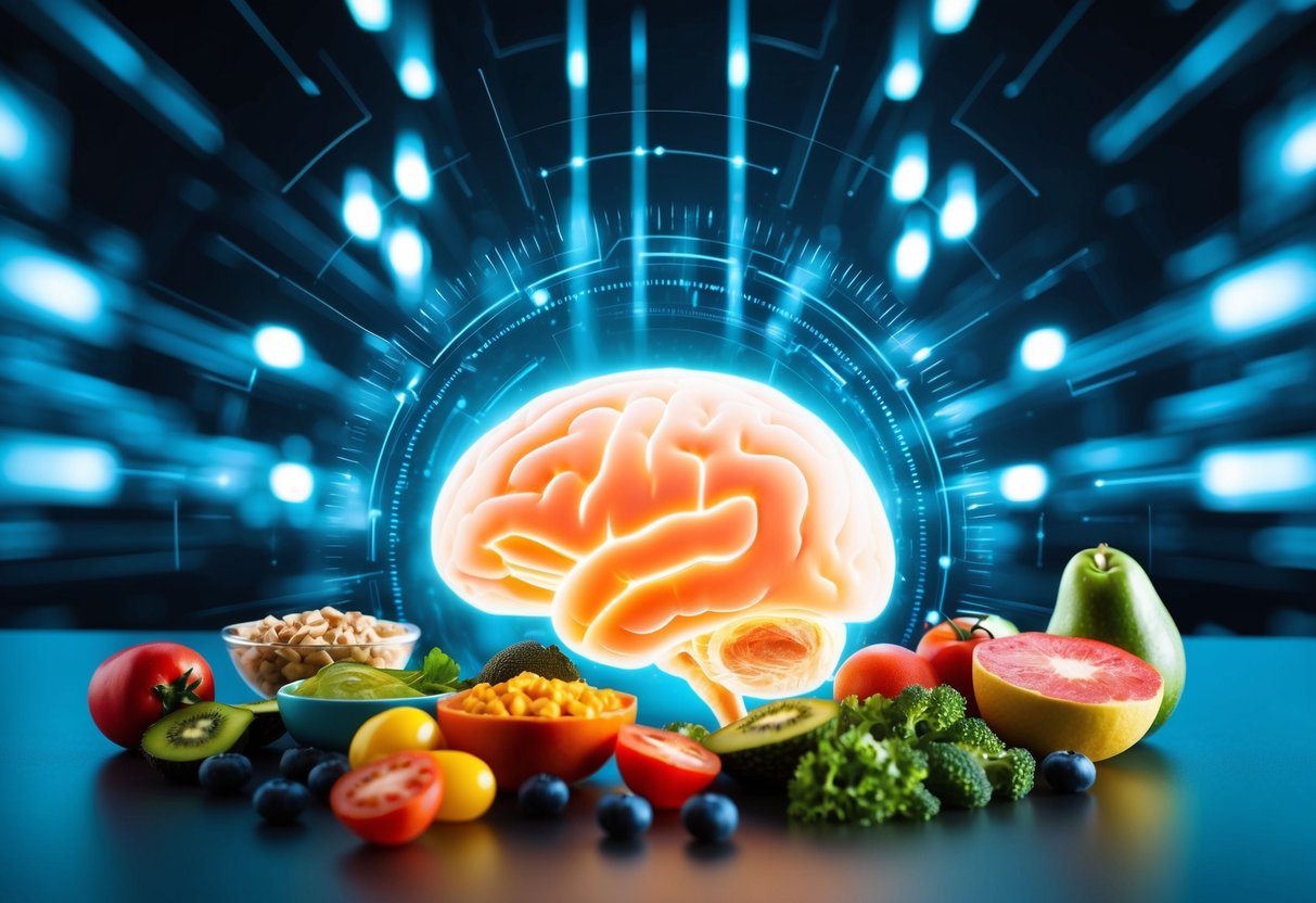 A futuristic, glowing human brain with a blue and purple neural network, symbolizing enhanced cognitive function. Surrounding the brain are healthy keto foods such as avocados, nuts, salmon, eggs, and leafy greens, floating in a visually appealing way. The background features a high-tech, digital energy effect, emphasizing brain optimization and mental clarity. The overall aesthetic is modern, scientific, and slightly futuristic, with a balance of warm and cool tones to create a sense of vitality and intelligence