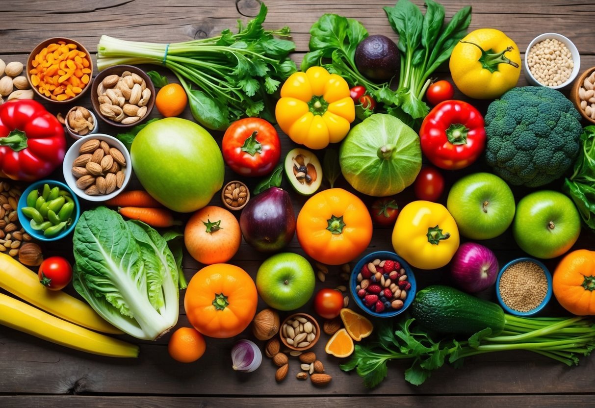 A vibrant, diverse array of fresh, colorful vegetables and fruits arranged on a rustic wooden table, alongside various nuts, seeds, and lean protein sources