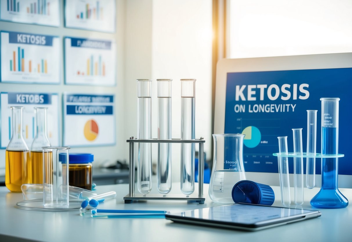 A laboratory setup with test tubes, beakers, and scientific equipment, surrounded by charts and graphs depicting the effects of ketosis on longevity