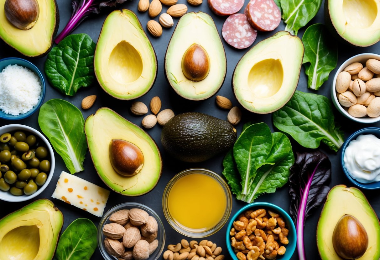 For keto for longevity, a colorful array of low-carb foods, such as avocados, leafy greens, nuts, and lean meats, arranged in an appealing and balanced composition