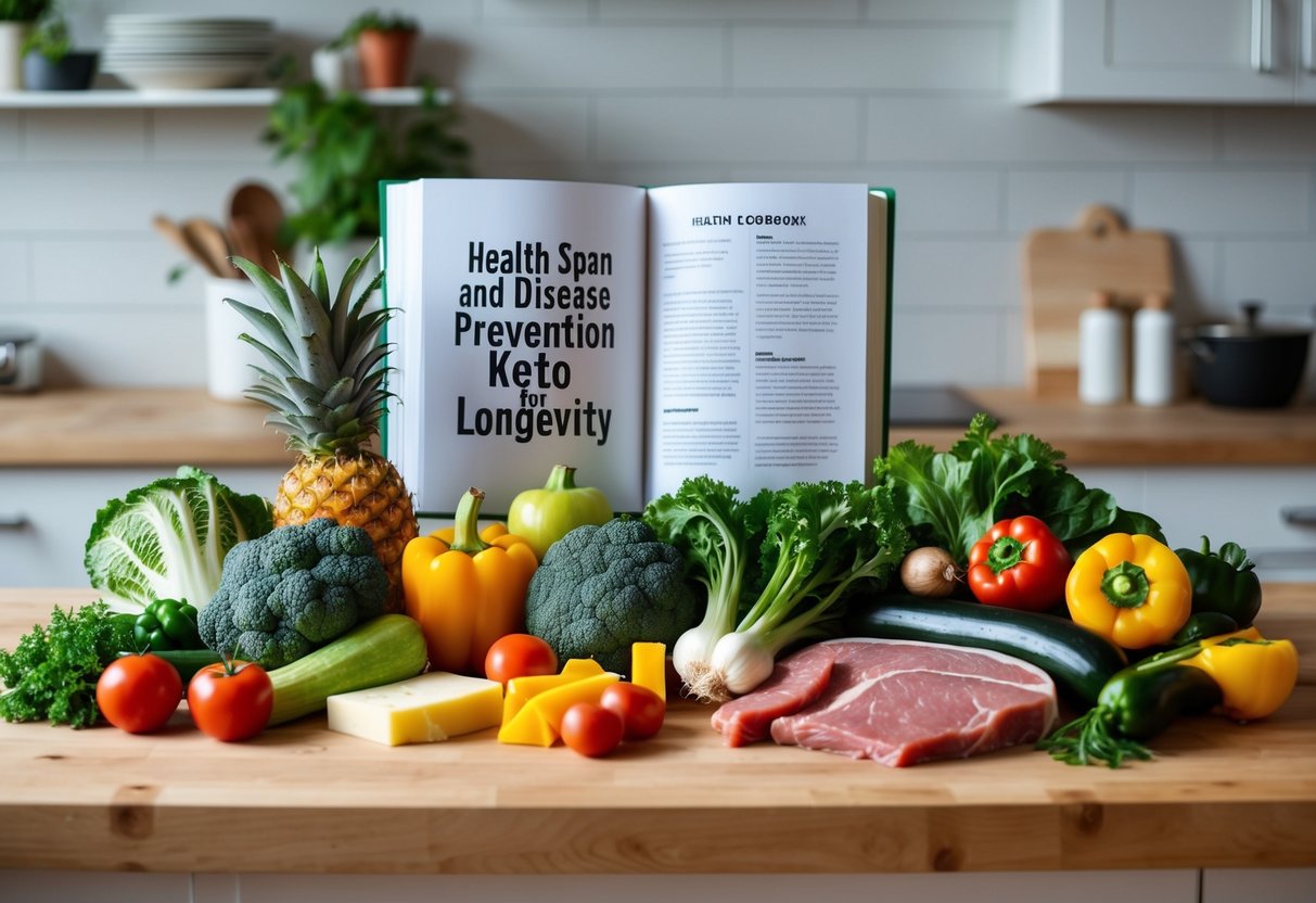 A colorful array of fresh vegetables, lean meats, and healthy fats arranged on a kitchen counter, with a cookbook titled "Health Span and Disease Prevention Keto for Longevity" open to a recipe page
