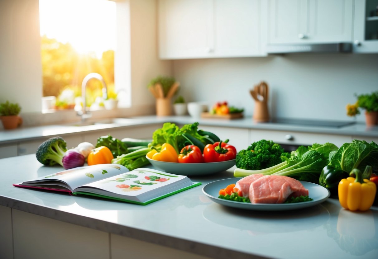 A serene, sunlit kitchen with a variety of colorful, fresh vegetables and lean proteins displayed on a clean, organized countertop. A cookbook open to a page featuring keto-friendly recipes sits nearby