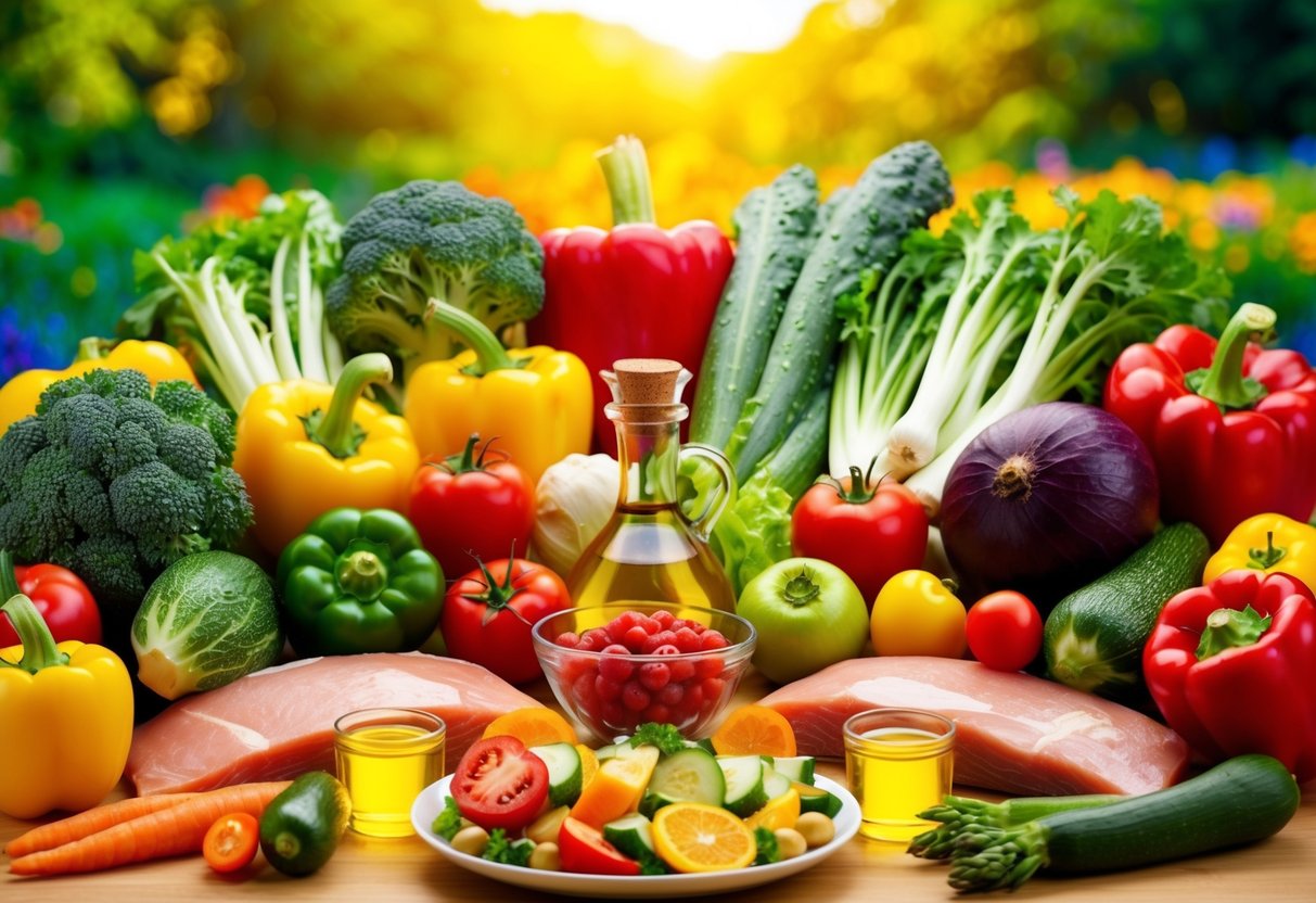 A colorful array of fresh vegetables and lean proteins arranged around a central focus on healthy fats and oils, all set against a backdrop of vibrant, natural scenery