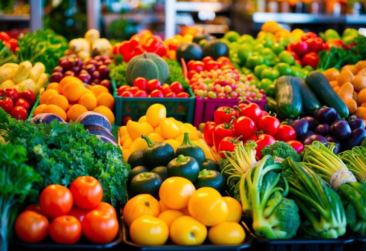 A colorful array of fresh vegetables and fruits arranged in a vibrant and inviting display