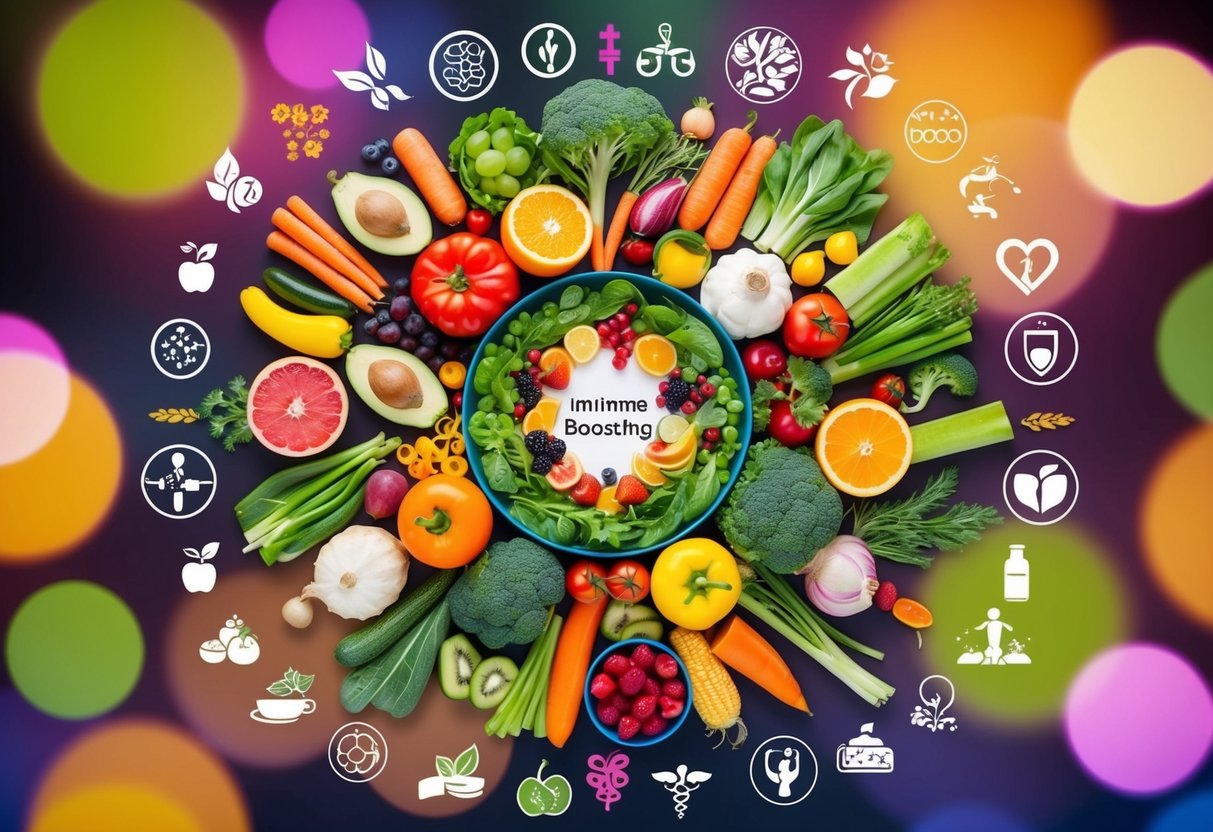 For keto immune support, a colorful illustration of various immune-boosting foods arranged in a vibrant, dynamic composition, surrounded by symbols representing health and vitality