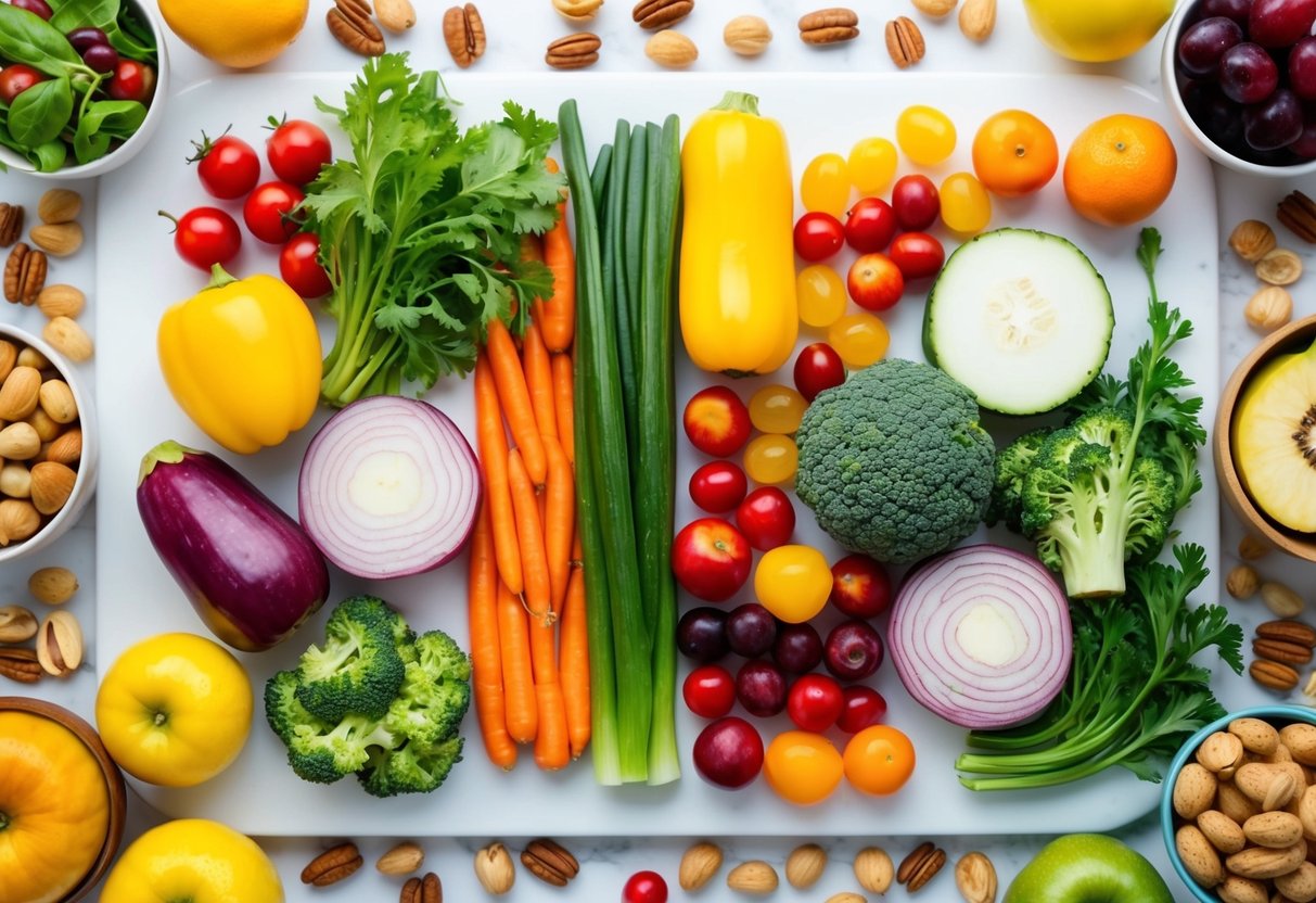 A colorful array of fresh vegetables and lean proteins arranged on a clean, white surface, surrounded by vibrant, ripe fruits and nuts