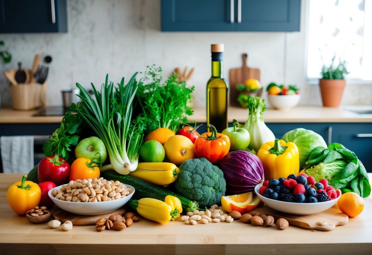 A colorful array of fresh vegetables, fruits, nuts, and lean proteins arranged on a kitchen counter, with a bottle of olive oil and a bowl of mixed berries