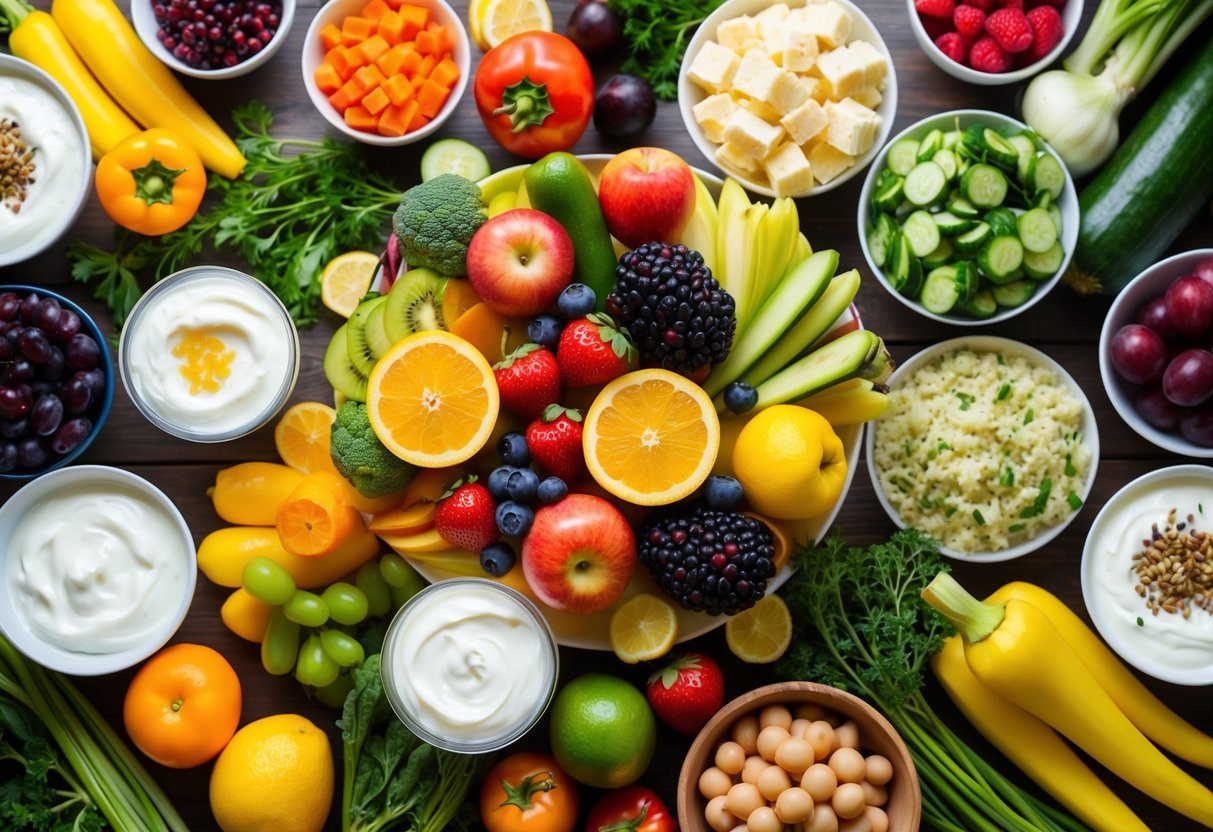 A table filled with colorful fruits, vegetables, and healthy fats, surrounded by a variety of gut-healthy foods like yogurt and fermented vegetables