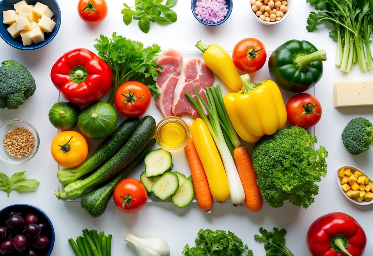 A colorful array of fresh vegetables, lean meats, and healthy fats arranged in a balanced and appealing manner on a clean, white background