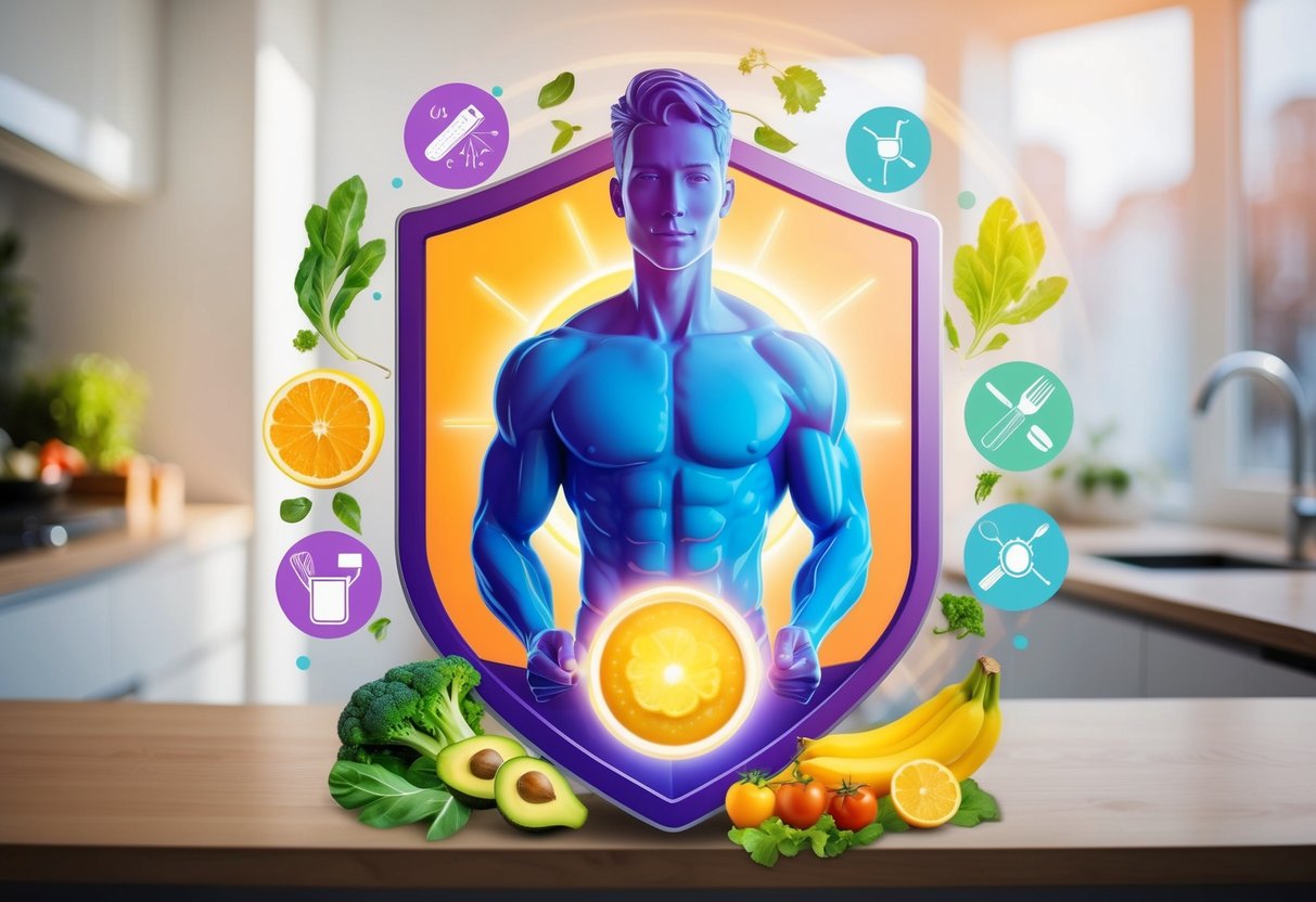 modern digital illustration featuring a healthy human silhouette with a glowing shield overlay symbolizing robust immunity. Surround the figure with keto-friendly foods such as avocados, leafy greens, nuts, and fatty fish, arranged dynamically around the figure. Incorporate subtle scientific elements like microscopic immune cells and molecular structures in the background to represent reduced inflammation and enhanced immune function. Use a balanced color palette with refreshing greens, cool blues, and warm gold accents to evoke vitality, health, and scientific credibility.