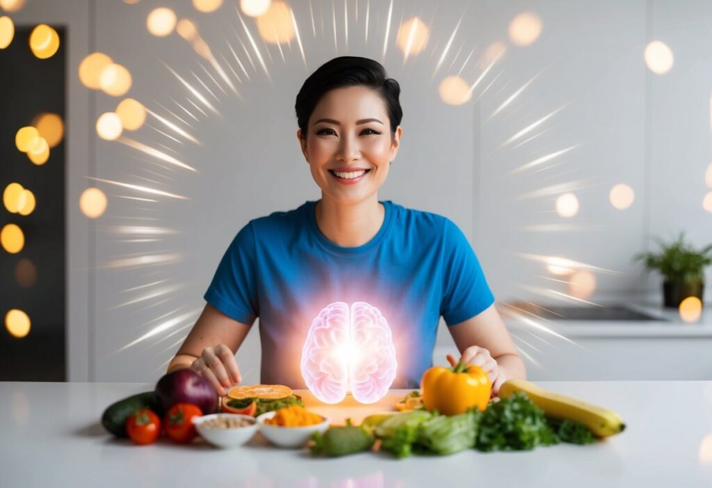 A calm, smiling person with a glowing brain, surrounded by keto-friendly foods like avocado, leafy greens, nuts, and eggs. Include subtle elements of light and energy radiating from the brain, symbolizing keto diet for  mental health and emotional balance. Use a modern, vibrant color palette that conveys both health and clarity.