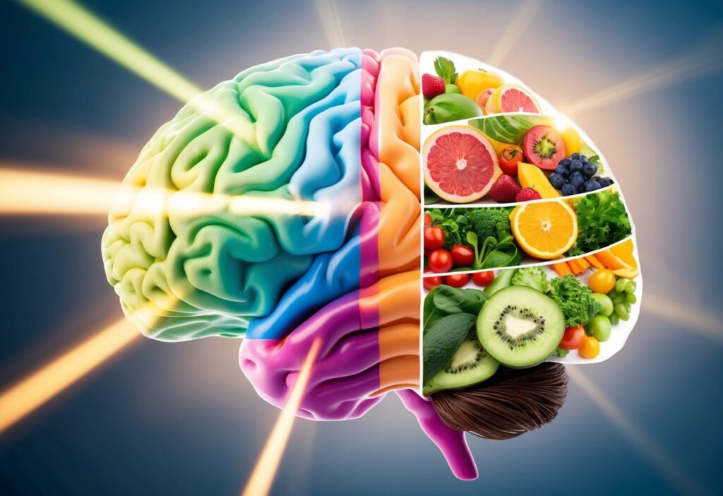 An image that visually connects diet with brain function. Show a human brain overlaid with a collage of various foods—both healthy (e.g., vegetables, fruits, keto staples) and unhealthy (e.g., processed snacks, sugary items)—with arrows or light trails illustrating how food choices influence mood and cognitive performance. Use contrasting colors to emphasize the positive versus negative impacts.
