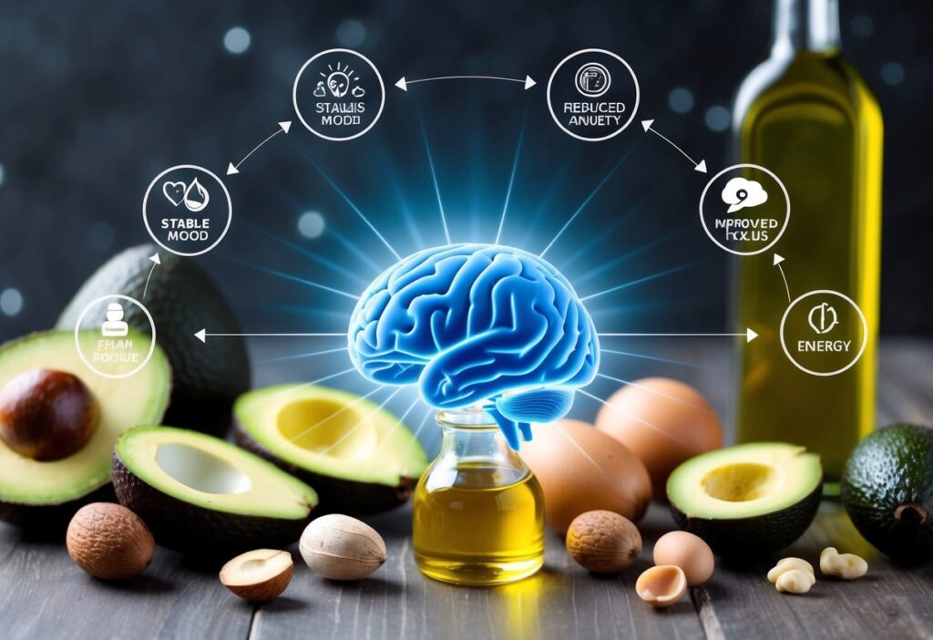 An illustration highlighting the key benefits of a keto diet for mental health. Feature a radiant, glowing brain surrounded by icons or small illustrations representing stable mood, reduced anxiety, improved focus, and energy. Include keto-friendly food items such as avocados, olive oil, nuts, and eggs in the background to reinforce the connection
