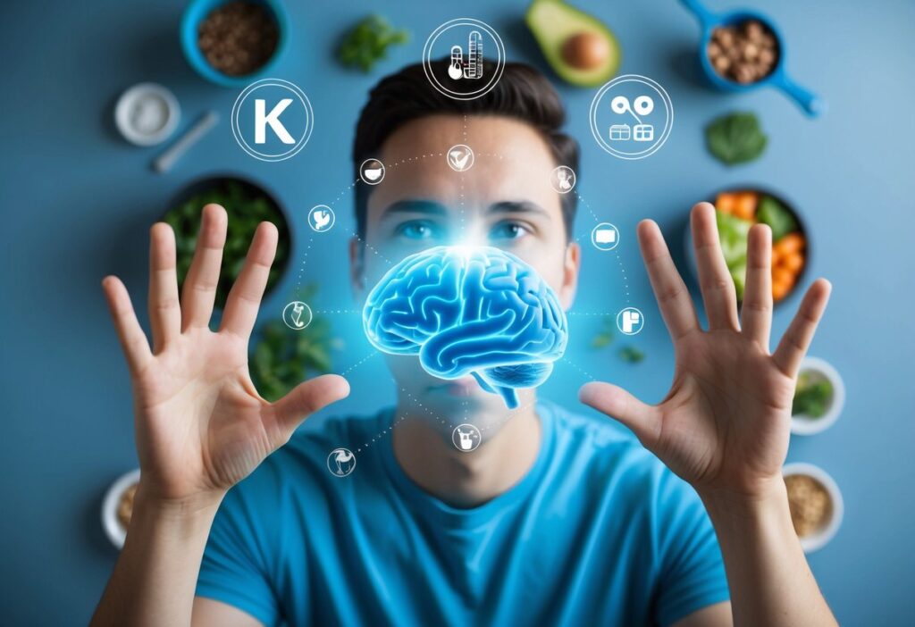 A calming image that shows a cheerful, relaxed individual with a bright, illuminated brain. Incorporate subtle symbols of neurotransmitters (like serotonin or dopamine icons) and include a backdrop of keto foods. Use soothing blues and greens to evoke calmness and balance, emphasizing the mood-boosting benefits of ketosis.