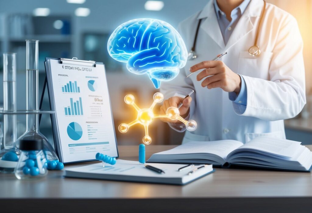 An image that conveys scientific credibility. Include elements such as a stylized research lab, charts or graphs, and an open scientific journal alongside a glowing brain and ketone molecules. Merge these elements to create a visual narrative that the keto diet’s benefits are supported by rigorous research and clinical studies.