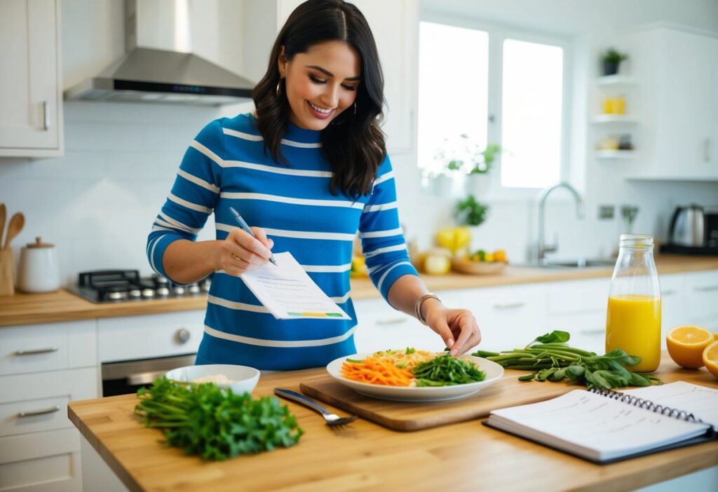 an illustration featuring a modern kitchen or a well-organized workspace with a checklist or planner. Show a person preparing a meal using keto-friendly ingredients (e.g., avocados, fish, leafy greens) and jotting down notes, symbolizing practical tips and planning. Use bright, encouraging colors that suggest clarity and action.