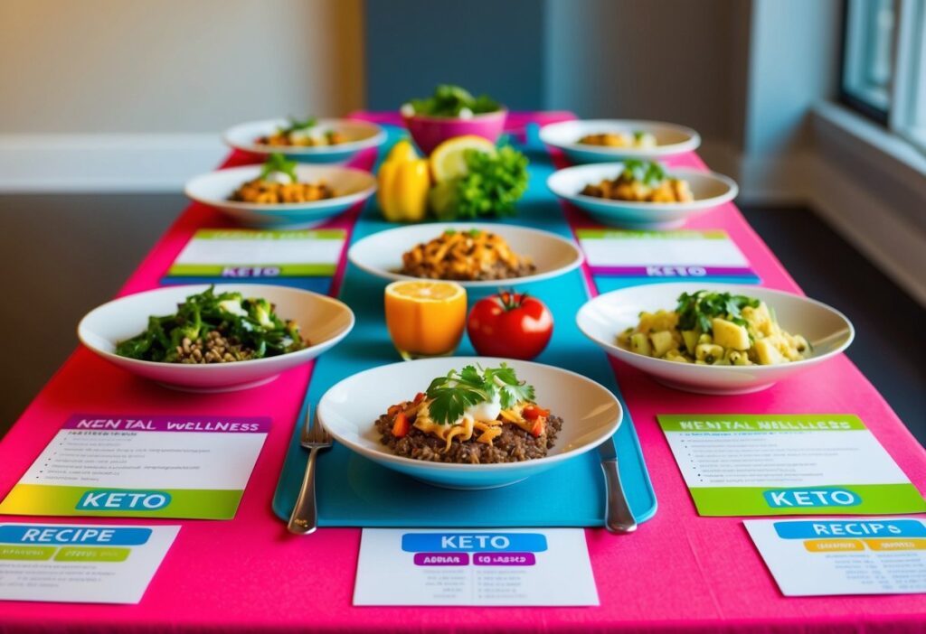 An appetizing image of a table set with a variety of colorful, delicious keto meals—such as a salmon salad, spinach omelet, avocado toast, and a green smoothie. Incorporate visual cues like recipe cards or a meal planner overlay to emphasize that these recipes are designed to boost mental wellness, all while using a fresh, vibrant color scheme