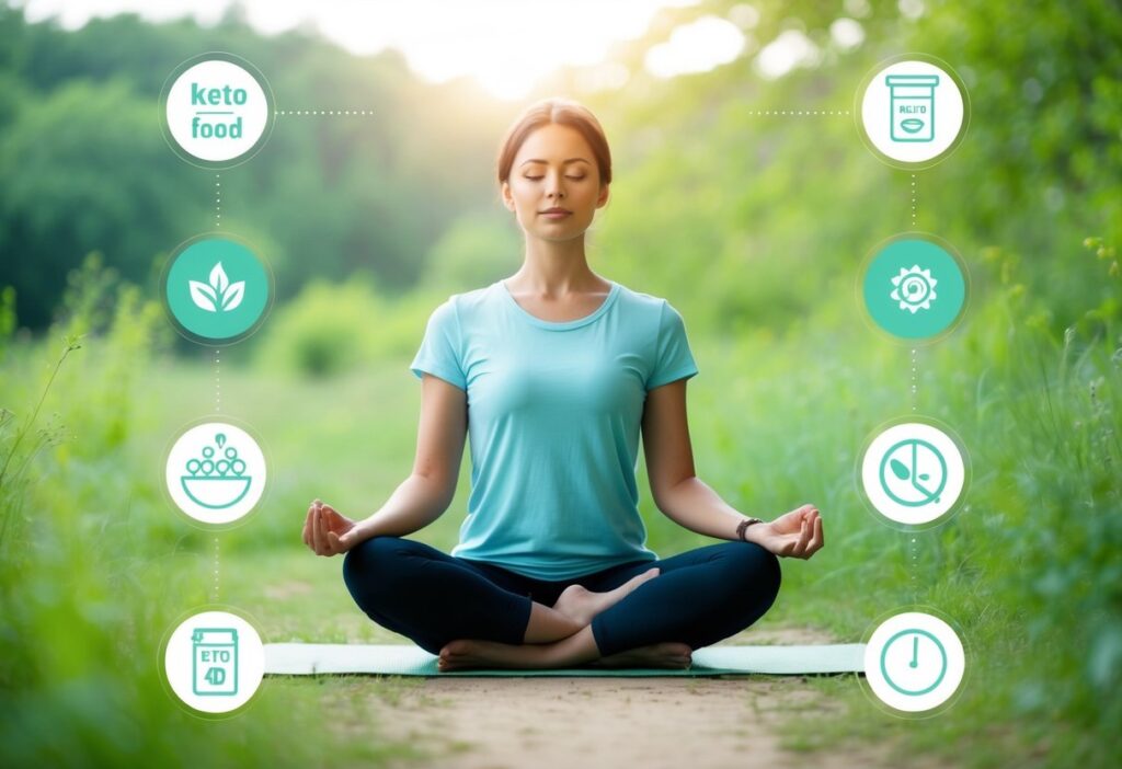 A serene illustration that blends elements of mindfulness with the keto lifestyle. Feature a person meditating or practicing yoga in a peaceful setting (e.g., a calm nature background), with subtle keto food icons (like nuts and avocado) integrated into the scene. Soft, calming colors like pastel blues and greens should evoke a sense of tranquility and balance