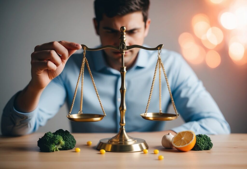 An image that conveys cautious optimism. Illustrate a thoughtful person weighing scales or balancing icons representing both benefits and risks. Incorporate subtle warning symbols (like a caution sign) alongside healthy keto elements such as vegetables and lean proteins. Use a balanced color palette that mixes neutral tones with hints of cautionary red or orange to signal awareness without alarm.