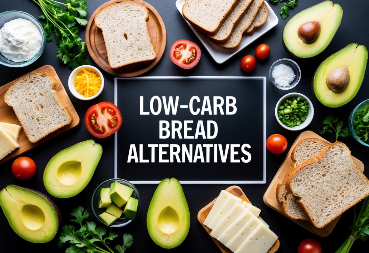 A table set with a variety of low-carb bread alternatives, surrounded by fresh ingredients like avocados, tomatoes, and cheese