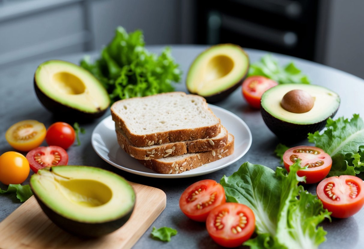 A table set with a variety of low-carb bread alternatives, surrounded by fresh ingredients like avocado, tomatoes, and lettuce