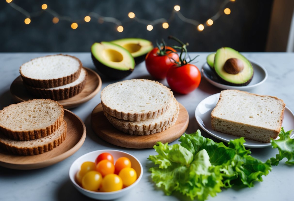 A table set with a variety of keto diet and bread alternatives, such as almond flour bread, coconut flour bread, and cloud bread, surrounded by fresh ingredients like avocados, tomatoes, and lettuce