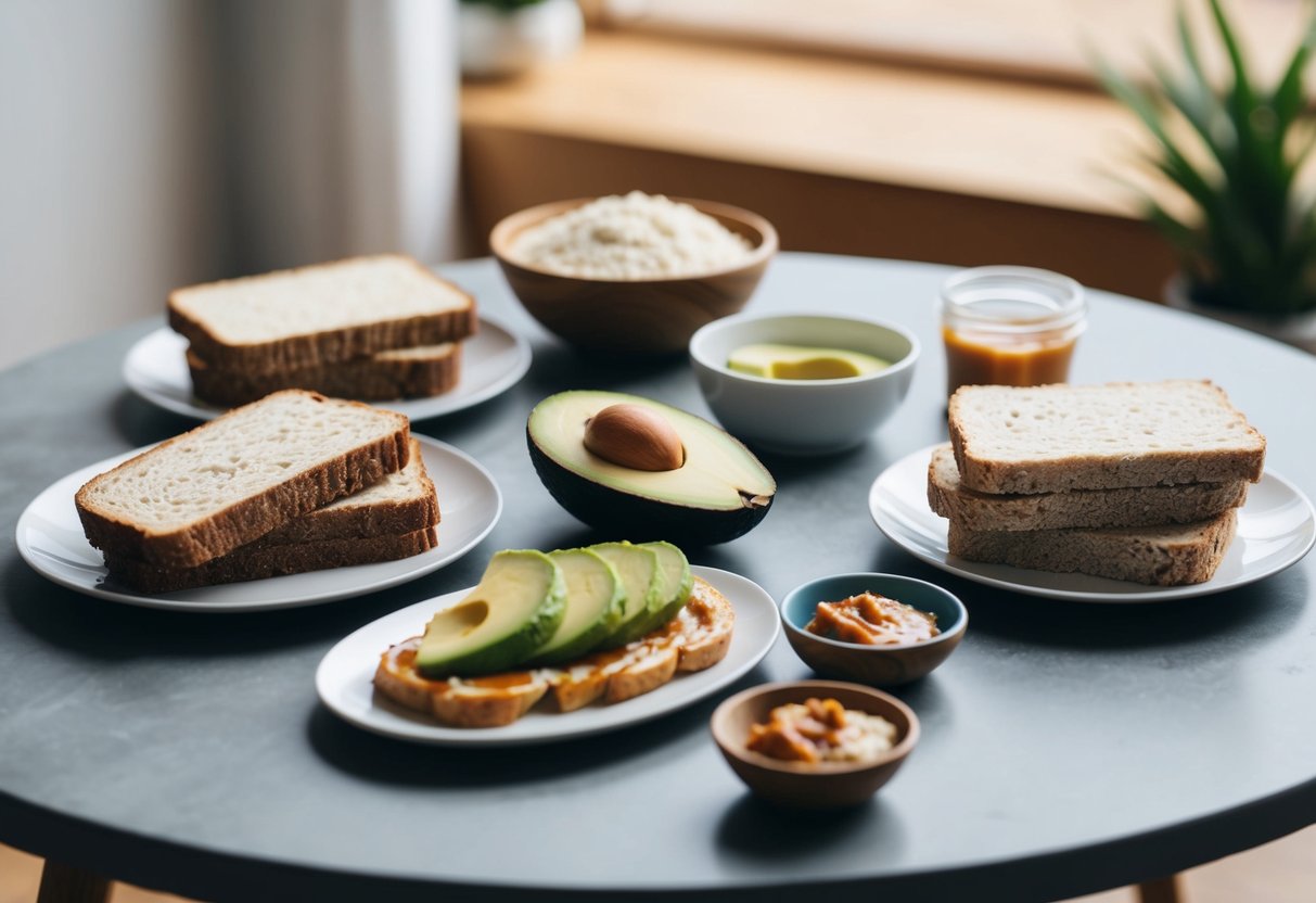 A table set with a variety of low-carb bread alternatives, including almond flour bread, coconut flour bread, and flaxseed bread. A spread of keto-friendly toppings such as avocado, nut butter, and sugar-free jam