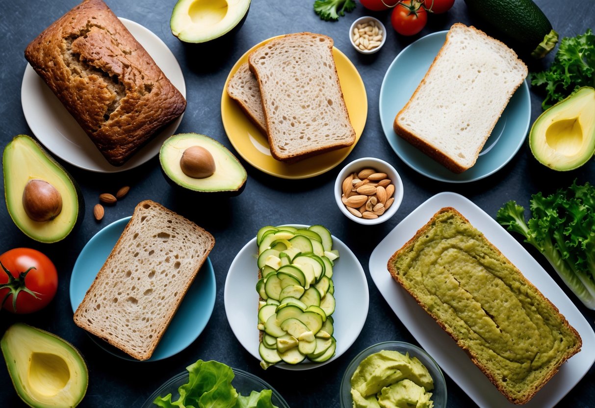 A table set with a variety of low-carb bread alternatives such as almond flour bread, cloud bread, and zucchini bread, surrounded by fresh ingredients like avocados, tomatoes, and lettuce