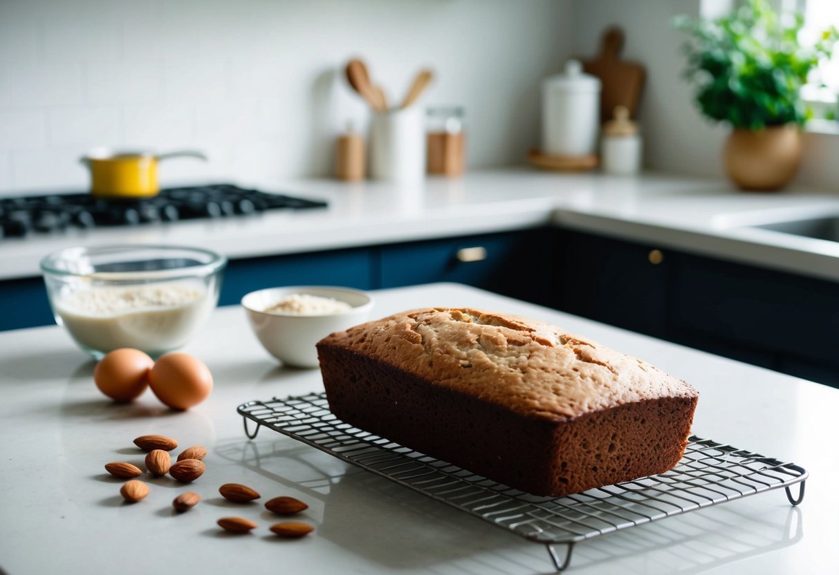 A kitchen counter with ingredients for keto bread - almond flour, eggs, and a mixing bowl. A loaf of freshly baked keto bread cooling on a wire rack
