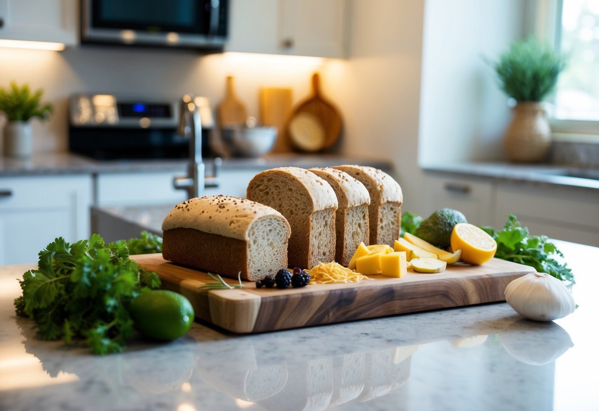 An attractive display of keto-friendly bread alternatives such as slices of almond flour bread, a fluffy cloud bread, and crisp lettuce wraps, artfully arranged on a rustic wooden board. Surround these with natural ingredients like almonds, coconut, flaxseeds, and fresh vegetables, along with a drizzle of olive oil to evoke healthy fats. In the background, incorporate a softly lit modern kitchen or countertop to set a clean, inviting atmosphere. Use a harmonious color palette of warm browns, soft greens, and crisp whites to convey a sense of natural, wholesome living while emphasizing the innovative twist on traditional bread.