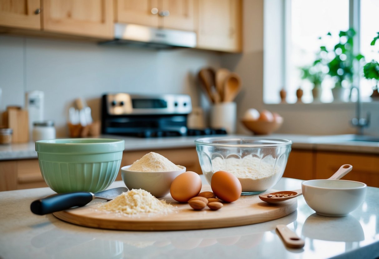 A kitchen counter with various ingredients and utensils for baking keto bread, such as almond flour, eggs, and a mixing bowl