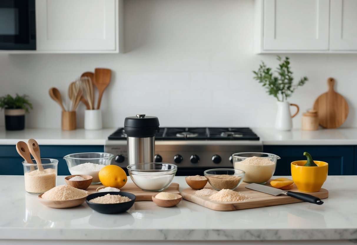 A kitchen counter with a variety of low-carb ingredients and baking utensils laid out, ready to be used for making keto bread