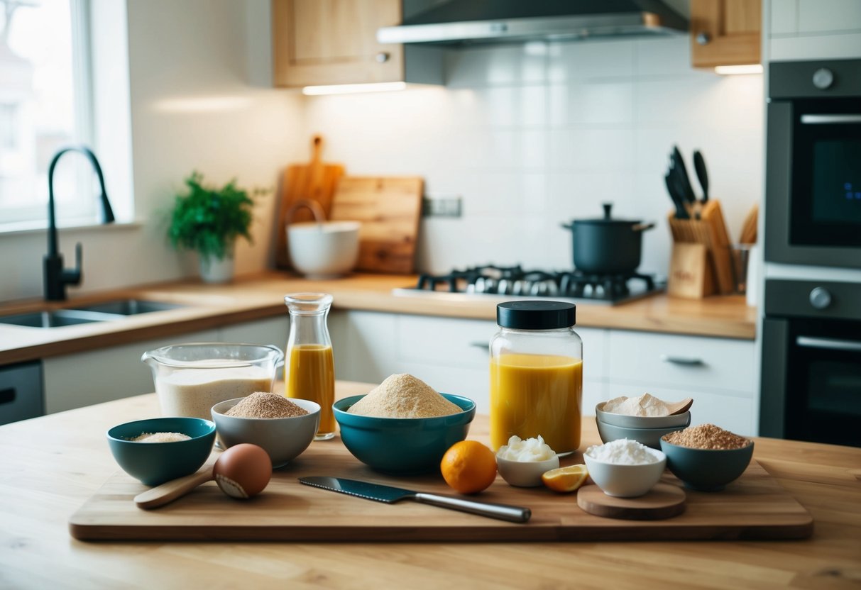 A kitchen counter with assorted ingredients and utensils for baking keto bread