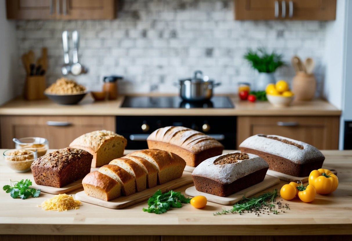 A kitchen counter with various types of savory keto bread recipes loaves and ingredients scattered around
