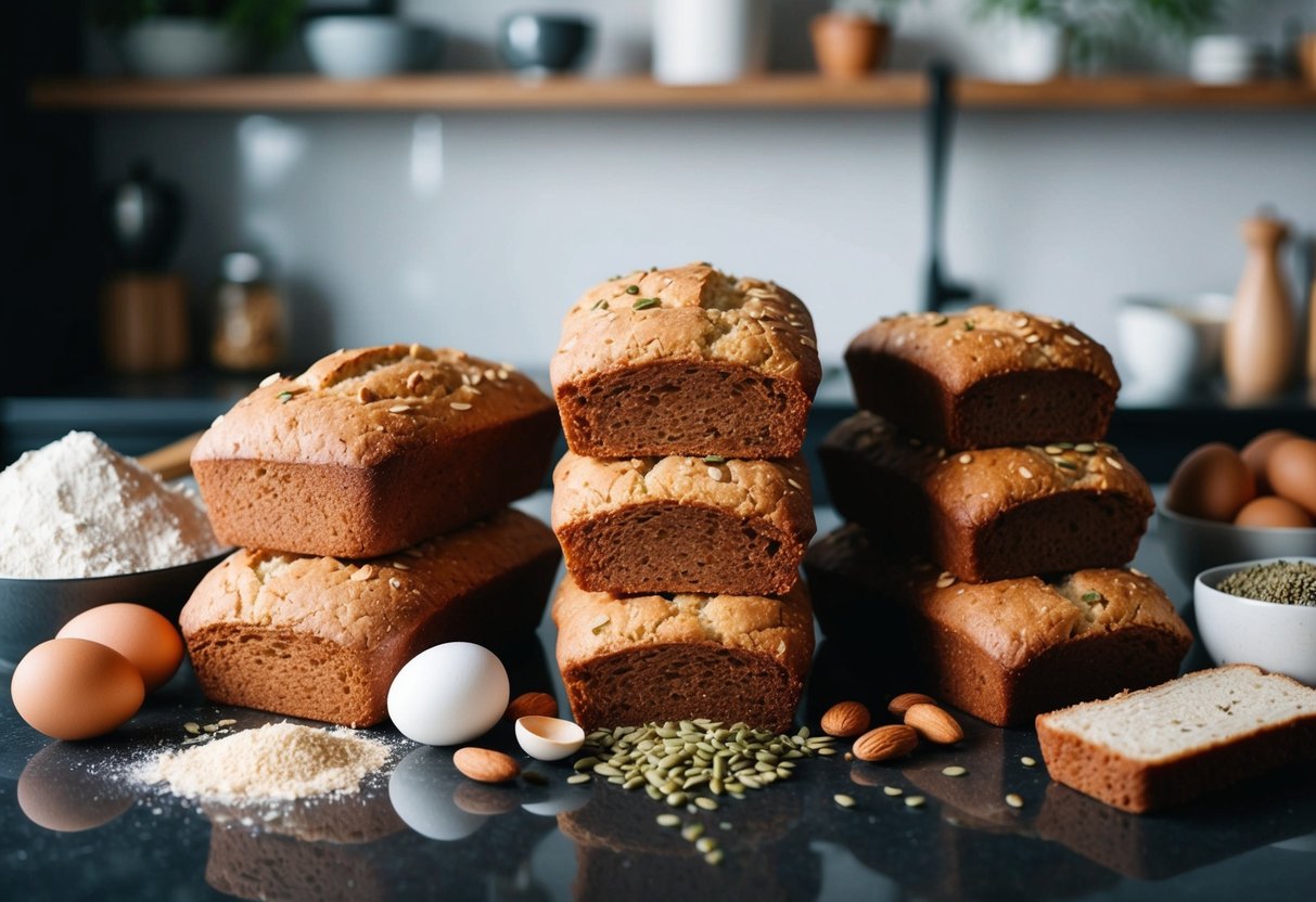 A kitchen counter filled with an assortment of freshly baked keto bread loaves, surrounded by ingredients like almond flour, eggs, and seeds