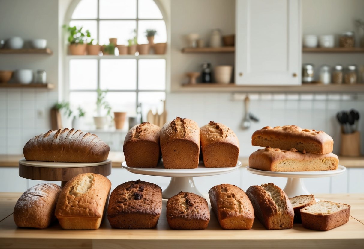 A kitchen counter with various types of freshly baked keto bread recipes on display