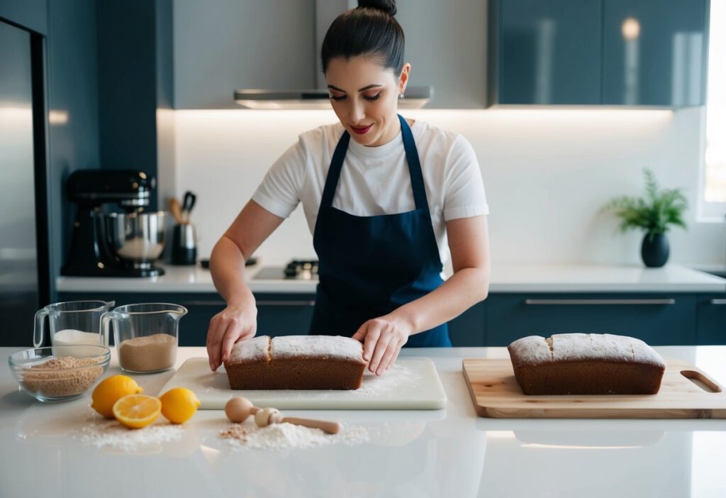 Illustration set in a sleek, well-lit kitchen. Focus on advanced keto baking techniques by showcasing a baker in action using specialized tools—such as a digital kitchen scale, silicone baking molds, and a stand mixer. Display close-up details of low-carb ingredients like almond flour, coconut flour, and psyllium husk arranged on a clean countertop. Include a beautifully rising loaf of keto bread in progress to evoke precision, innovation, and craftsmanship in keto baking. Use warm, inviting lighting with a modern design aesthetic.