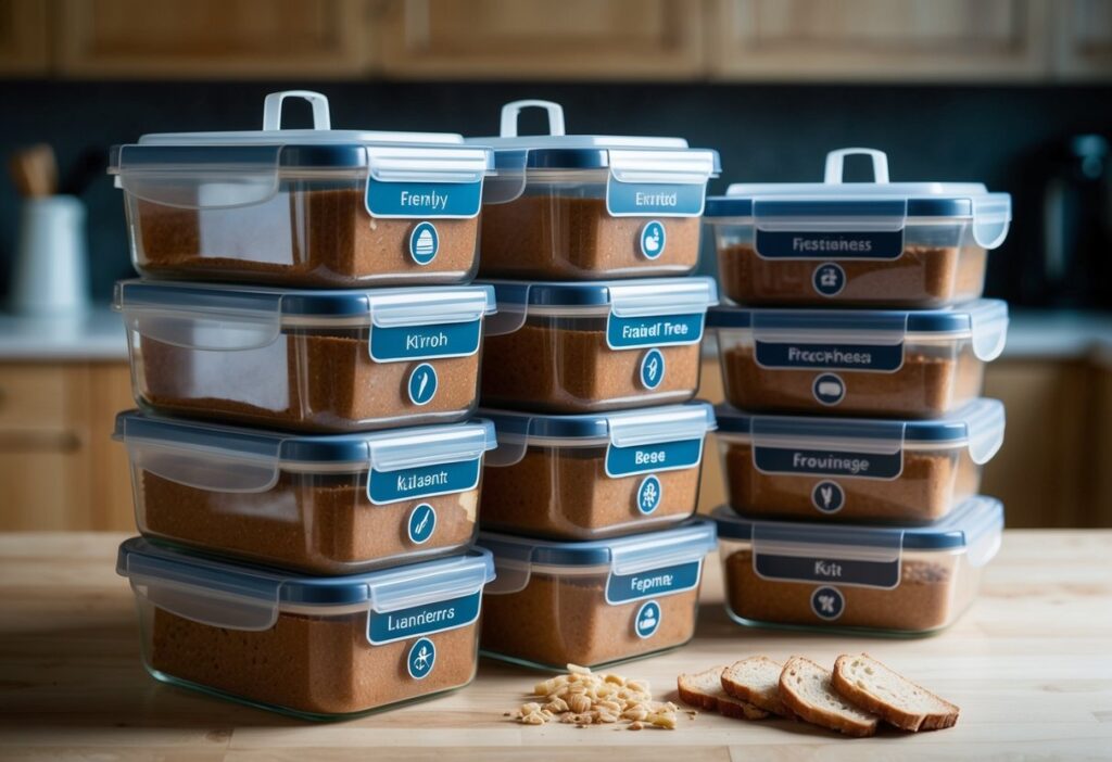 Keto bread stored in airtight containers with symbols indicating freshness and storage tips