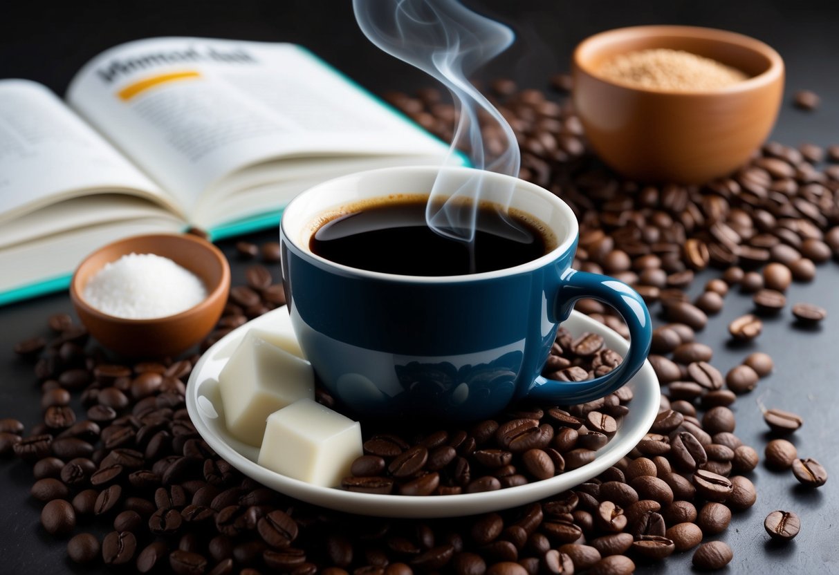 A steaming cup of black coffee surrounded by keto-friendly ingredients like coconut oil and unsweetened almond milk, with a backdrop of coffee beans and a keto recipe book