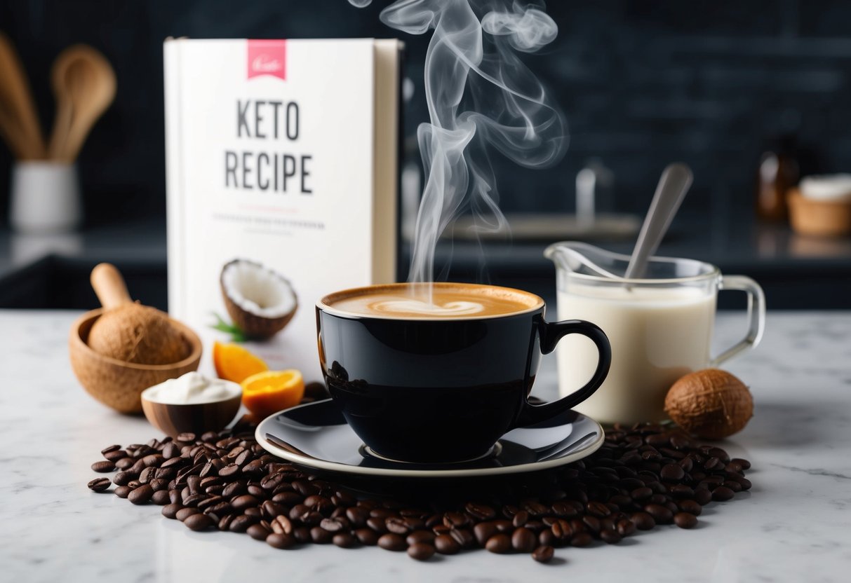 A steaming cup of black coffee surrounded by keto-friendly ingredients like coconut oil and heavy cream, with a keto recipe book in the background