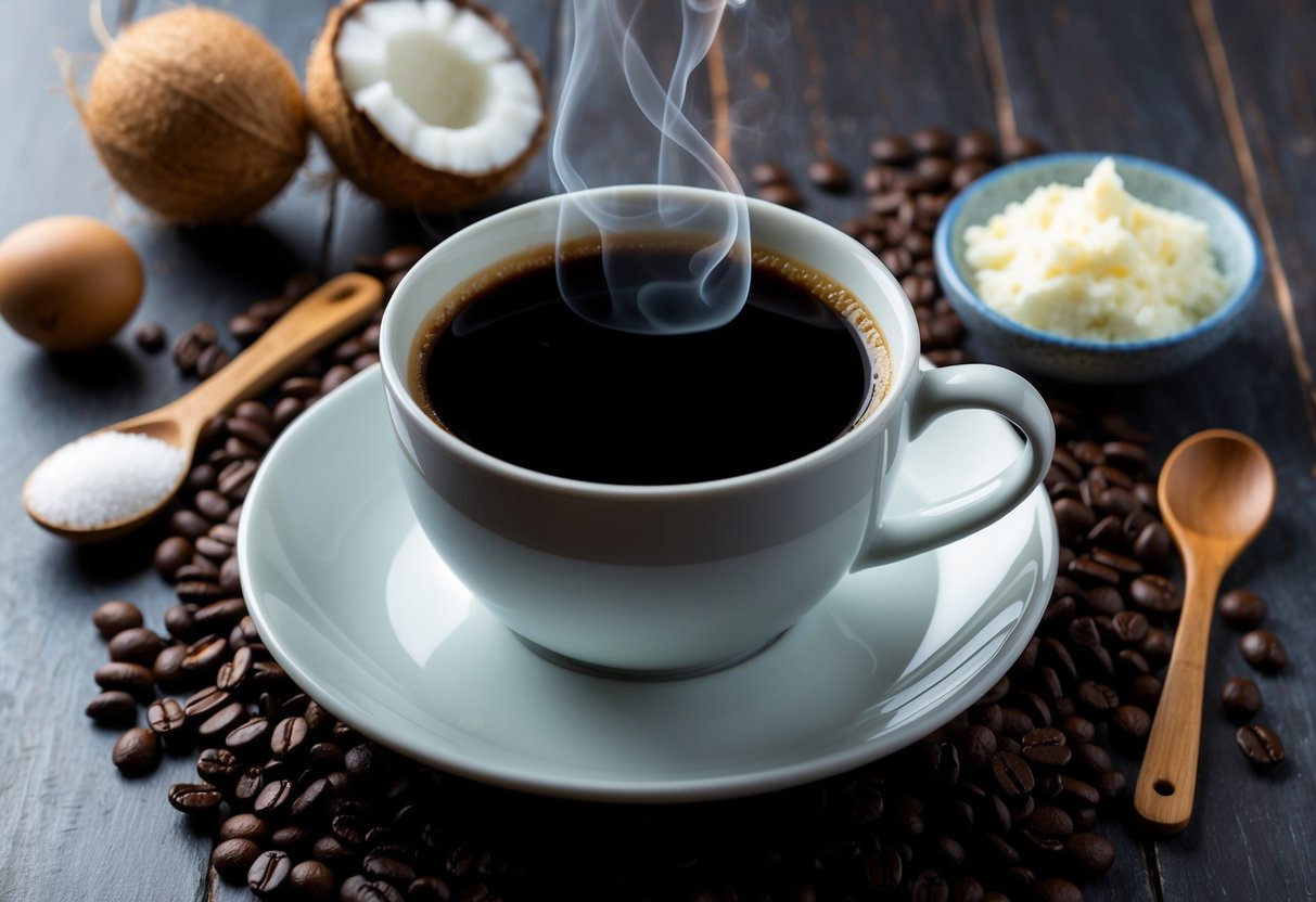 A steaming cup of black coffee surrounded by keto-friendly ingredients such as coconut oil, heavy cream, and sugar-free sweeteners